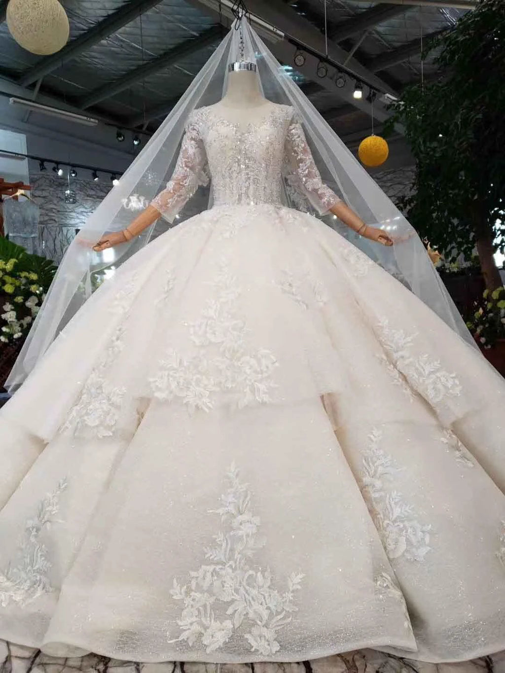Elegant Half Sleeves Ball Gown Lace Layer Wedding Dress WD380 by pgmdress