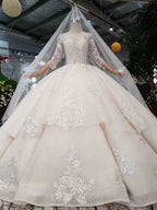 Elegant Half Sleeves Ball Gown Lace Layer Wedding Dress WD380 by pgmdress