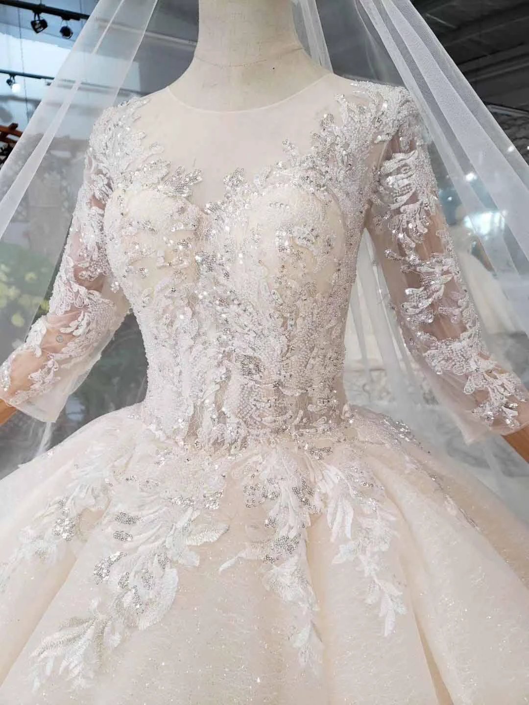 Elegant Half Sleeves Ball Gown Lace Layer Wedding Dress WD380 by pgmdress