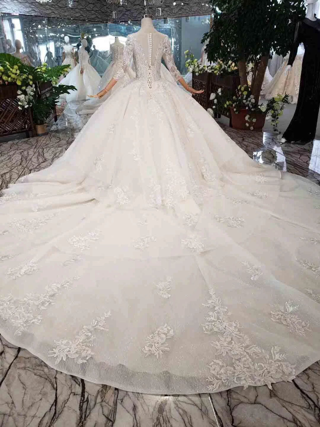 Elegant Half Sleeves Ball Gown Lace Layer Wedding Dress WD380 by pgmdress