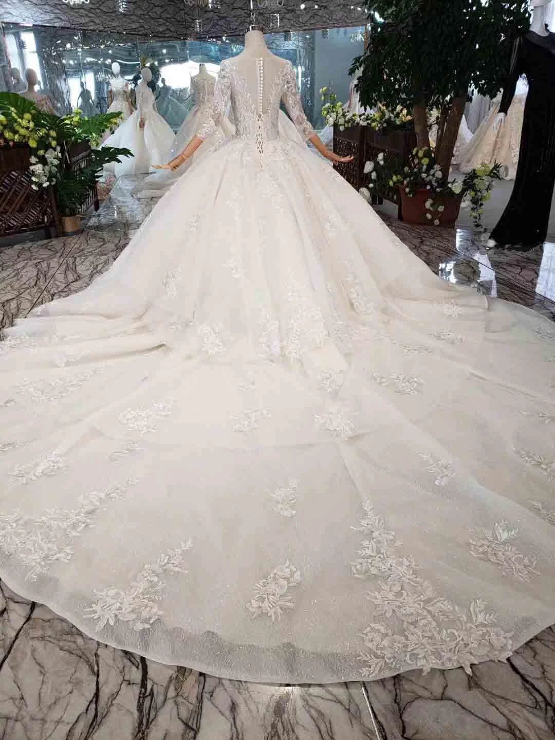 Elegant Half Sleeves Ball Gown Lace Layer Wedding Dress WD380 by pgmdress