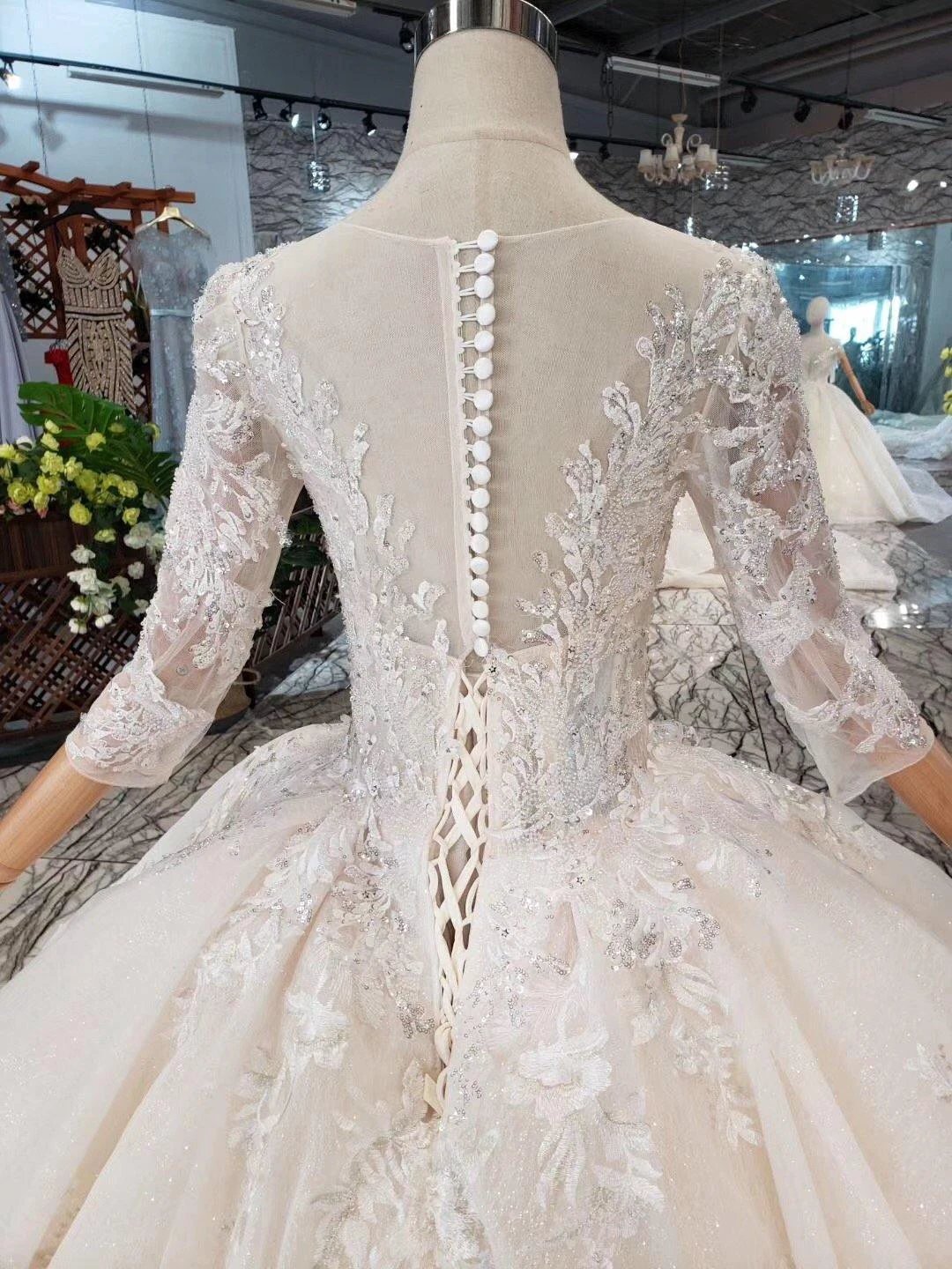 Elegant Half Sleeves Ball Gown Lace Layer Wedding Dress WD380 by pgmdress