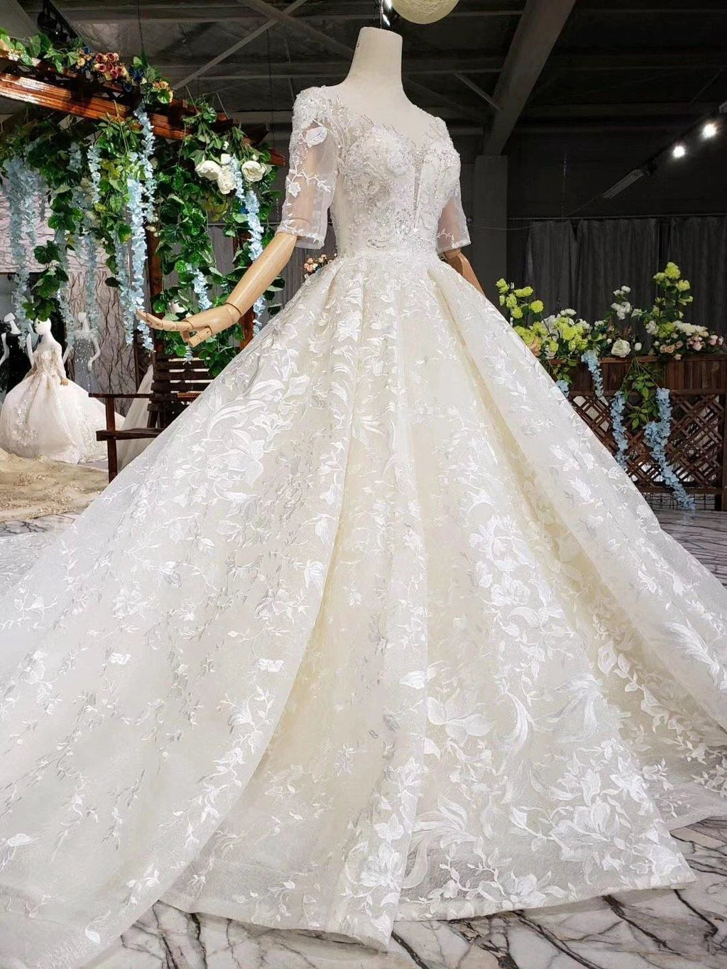 Elegant Half Sleeves Ball Gown Lace Sweetheart Wedding Dress WD379 by pgmdress