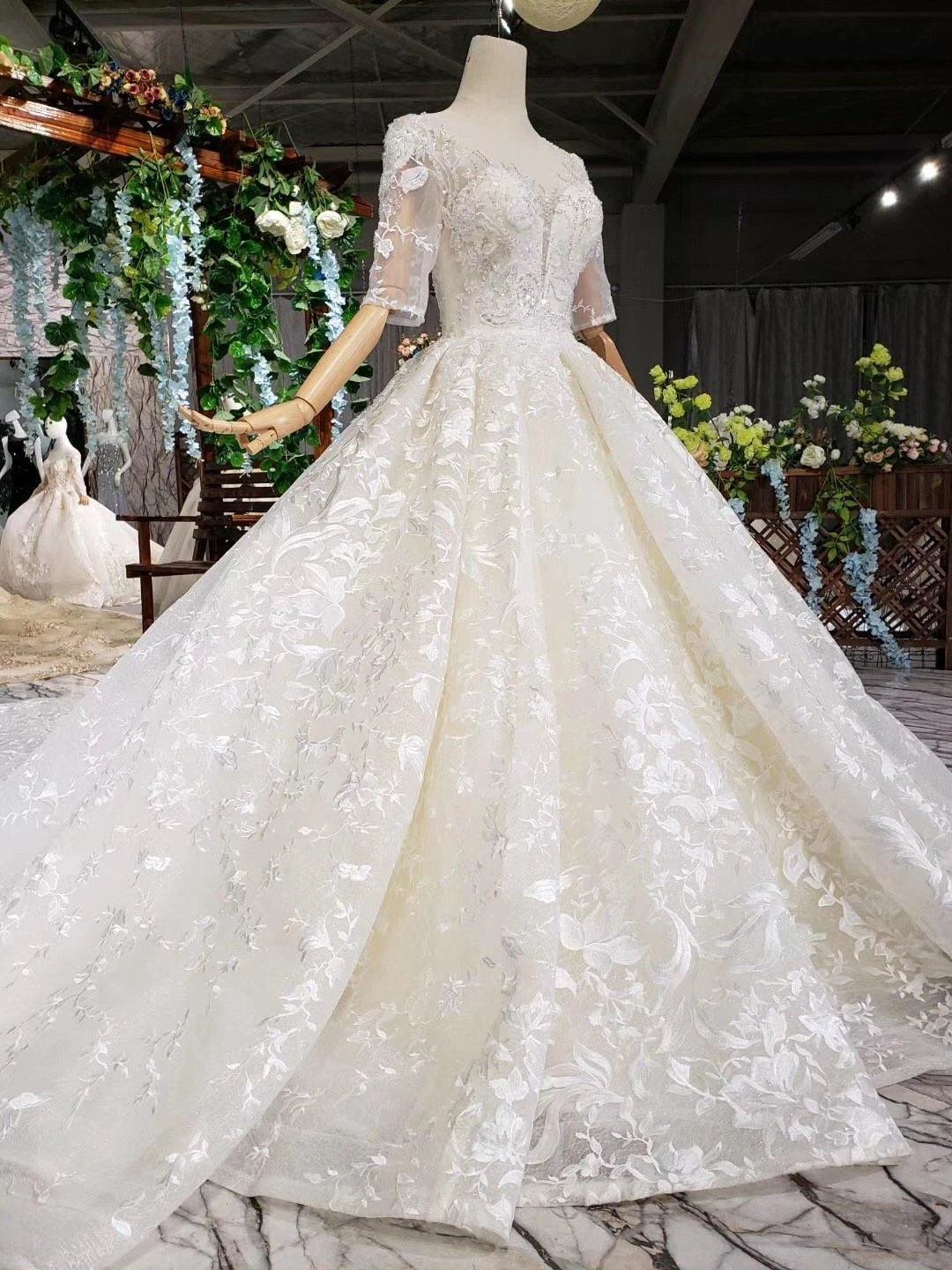 Elegant Half Sleeves Ball Gown Lace Sweetheart Wedding Dress WD379 by pgmdress
