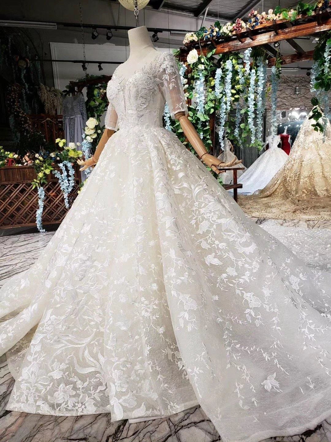 Elegant Half Sleeves Ball Gown Lace Sweetheart Wedding Dress WD379 by pgmdress