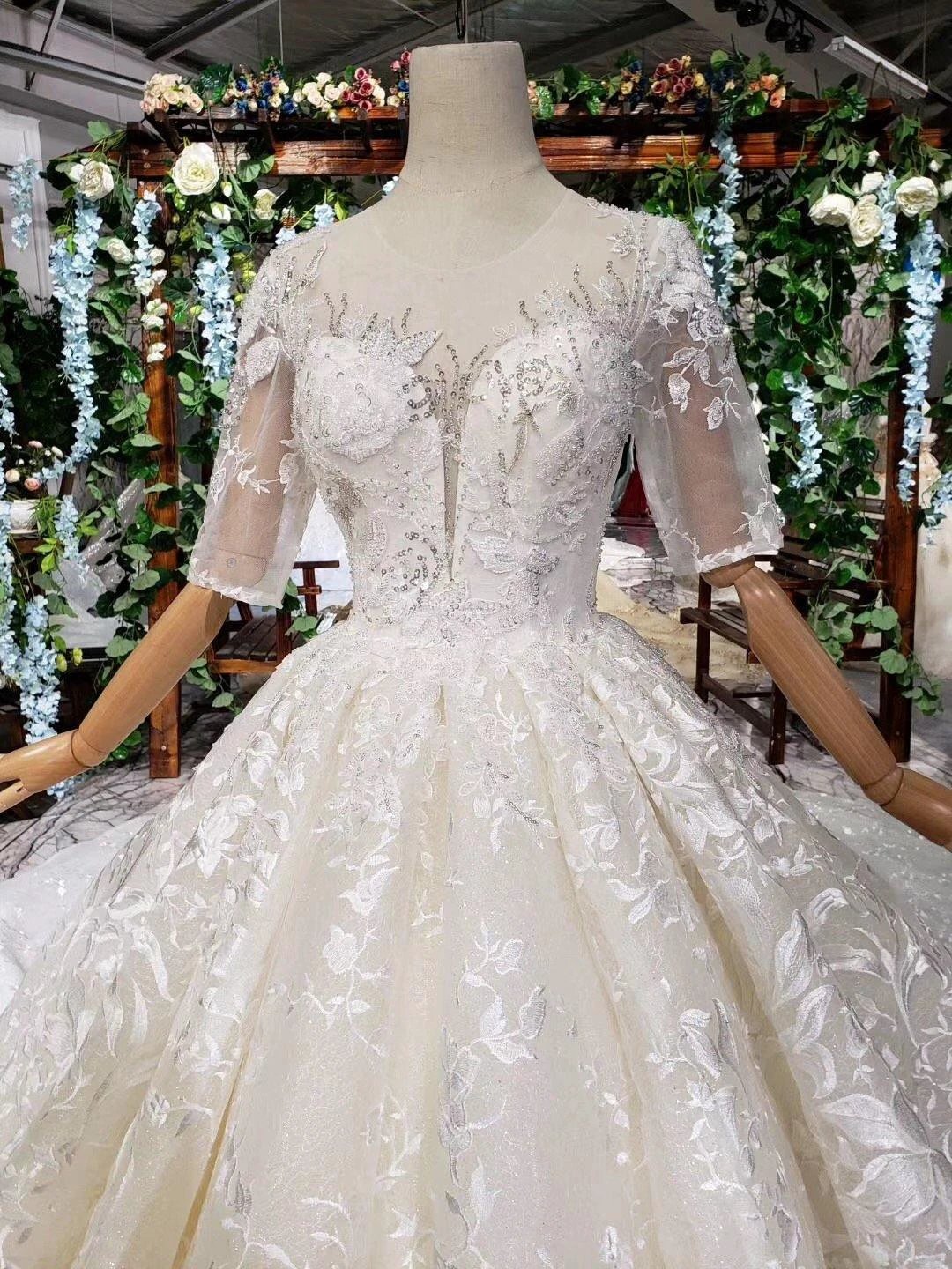 Elegant Half Sleeves Ball Gown Lace Sweetheart Wedding Dress WD379 by pgmdress