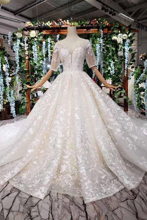 Elegant Half Sleeves Ball Gown Lace Sweetheart Wedding Dress WD379 by pgmdress