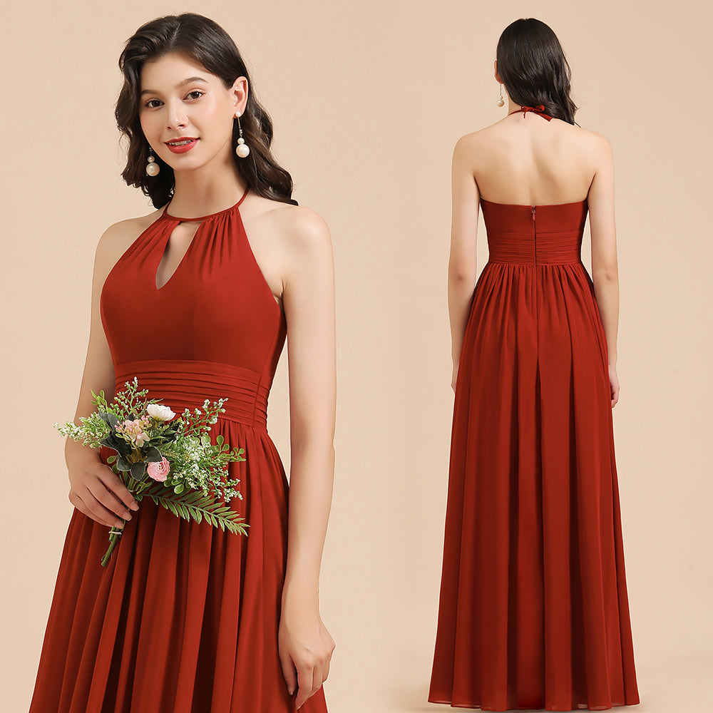 Elegant Halter Aline Chiffon Bridesmaid Dress Sleeveless Floor Length Wedding Party Dress