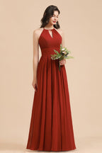 Elegant Halter Aline Chiffon Bridesmaid Dress Sleeveless Floor Length Wedding Party Dress
