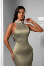 Elegant halter sleeveless mermaid satin prom dress beading by misshow.com