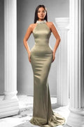 Elegant halter sleeveless mermaid satin prom dress beading by misshow.com