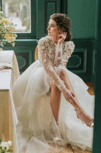 Elegant Hi-lo Lace Tulle Wedding Dresses With Long Sleeves by misshow.com