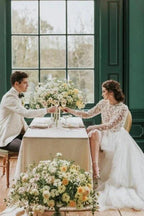 Elegant Hi-lo Lace Tulle Wedding Dresses With Long Sleeves by misshow.com