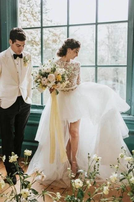 Elegant Hi-lo Lace Tulle Wedding Dresses With Long Sleeves by misshow.com