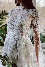 Elegant High Collar Long Sleeves A-Line Lace Wedding Dress with Chapel Train by misshow.com