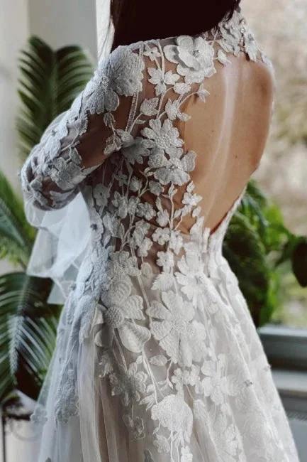 Elegant High Collar Long Sleeves A-Line Lace Wedding Dress with Chapel Train by misshow.com