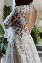 Elegant High Collar Long Sleeves A-Line Lace Wedding Dress with Chapel Train by misshow.com