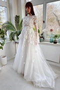 Elegant High Collar Long Sleeves A-Line Lace Wedding Dress with Chapel Train by misshow.com
