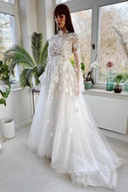 Elegant High Collar Long Sleeves A-Line Lace Wedding Dress with Chapel Train by misshow.com