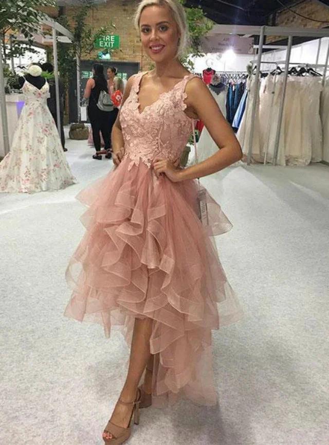 Elegant High Low A-line V-neck Backless Lace Tulle Prom Dress by BIZTUNNEL