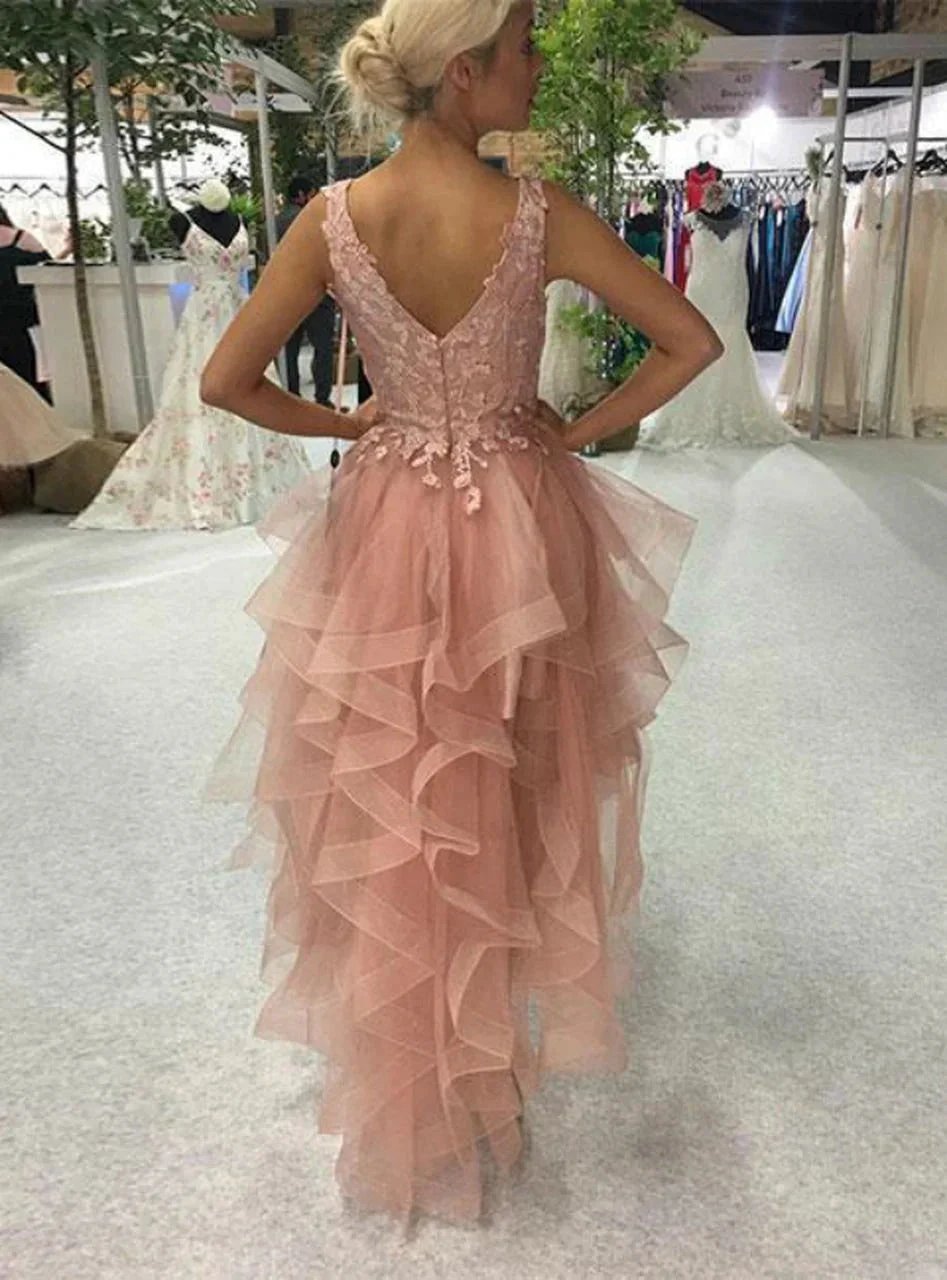Elegant High Low A-line V-neck Backless Lace Tulle Prom Dress by BIZTUNNEL