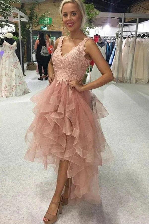 Elegant High Low A-line V-neck Backless Lace Tulle Prom Dress by BIZTUNNEL