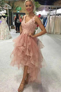 Elegant High Low A-line V-neck Backless Lace Tulle Prom Dress by BIZTUNNEL