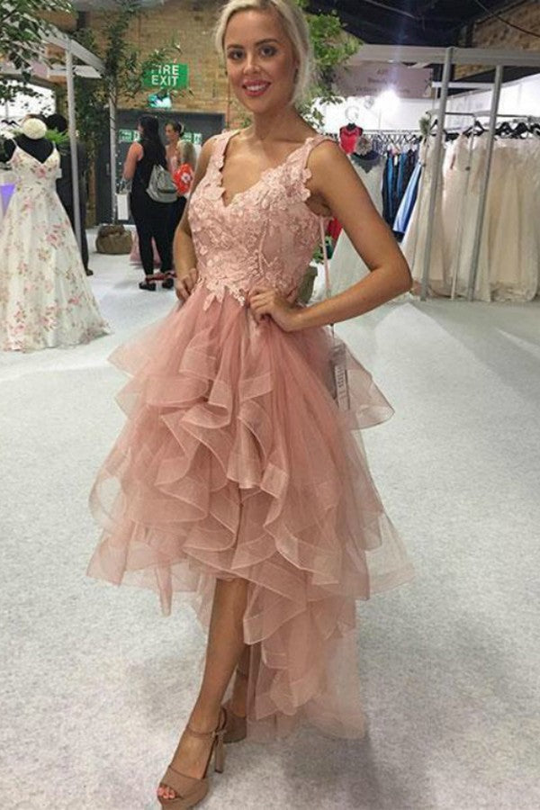 Elegant High Low A-line V-neck Backless Lace Tulle Prom Dress Hover Image