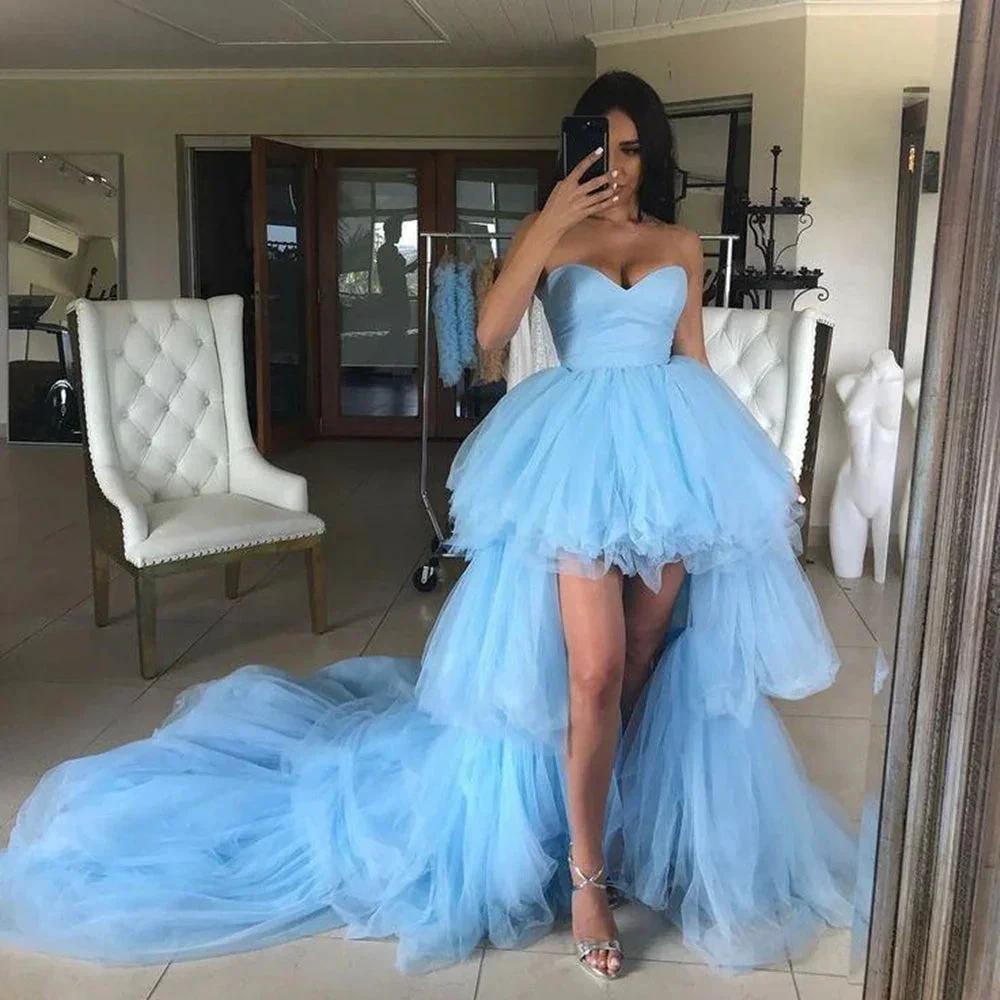 Elegant High Low Sweetheart Tulle Formal Graduation Prom Dresses by BIZTUNNEL