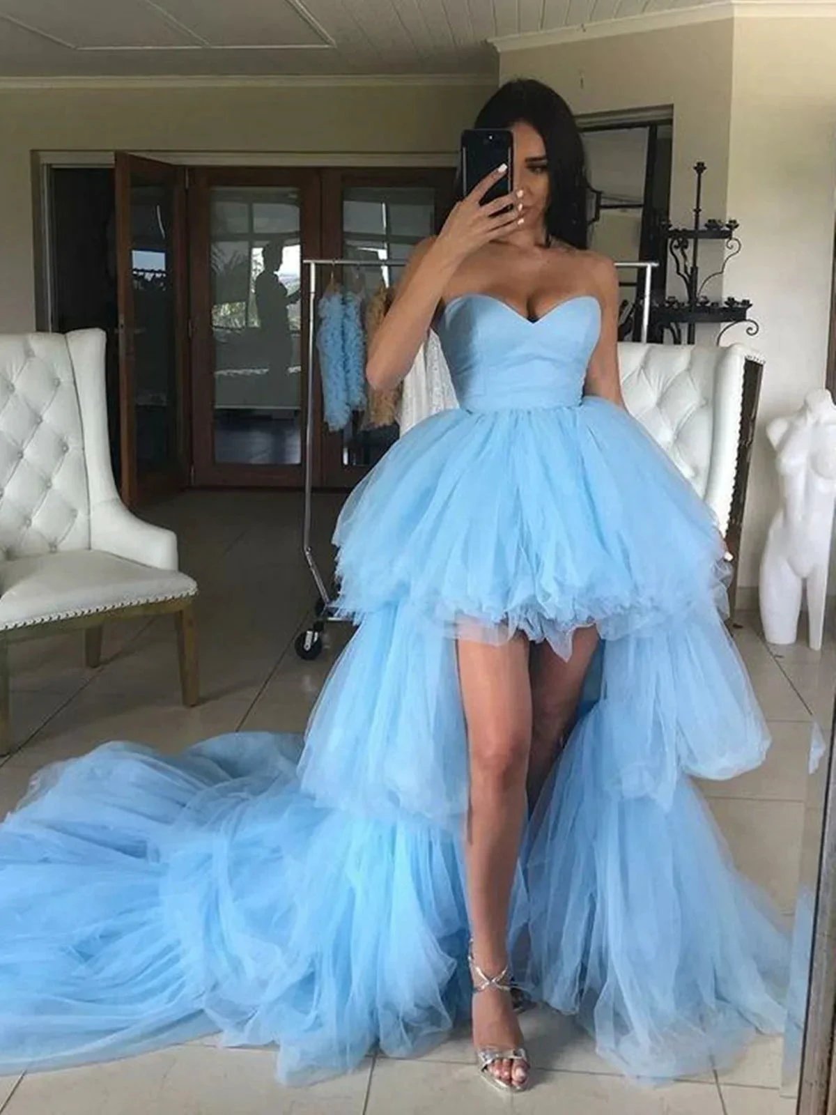 Elegant High Low Sweetheart Tulle Formal Graduation Prom Dresses by BIZTUNNEL