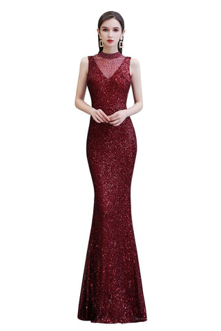 Elegante vestido de fiesta de sirena sin mangas color burdeos con cuello ilusión