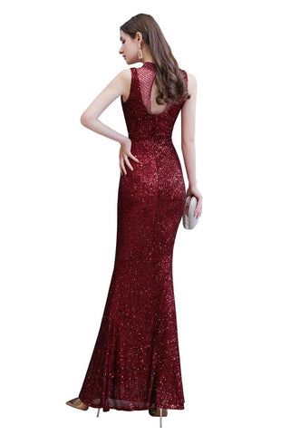Elegante vestido de fiesta de sirena sin mangas color burdeos con cuello ilusión