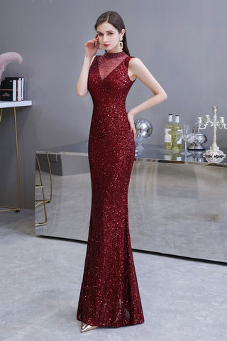 Elegante vestido de fiesta de sirena sin mangas color burdeos con cuello ilusión
