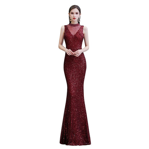 Elegante vestido de fiesta de sirena sin mangas color burdeos con cuello ilusión