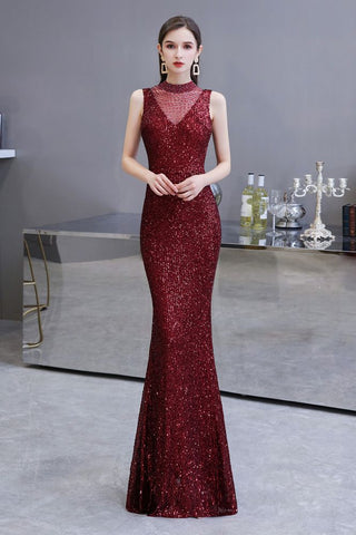 Elegante vestido de fiesta de sirena sin mangas color burdeos con cuello ilusión