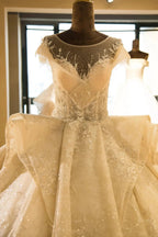 Elegant Illusion neck Cap Sleeve Appliques Tulle A-line Princess Wedding Dress by misshow.com