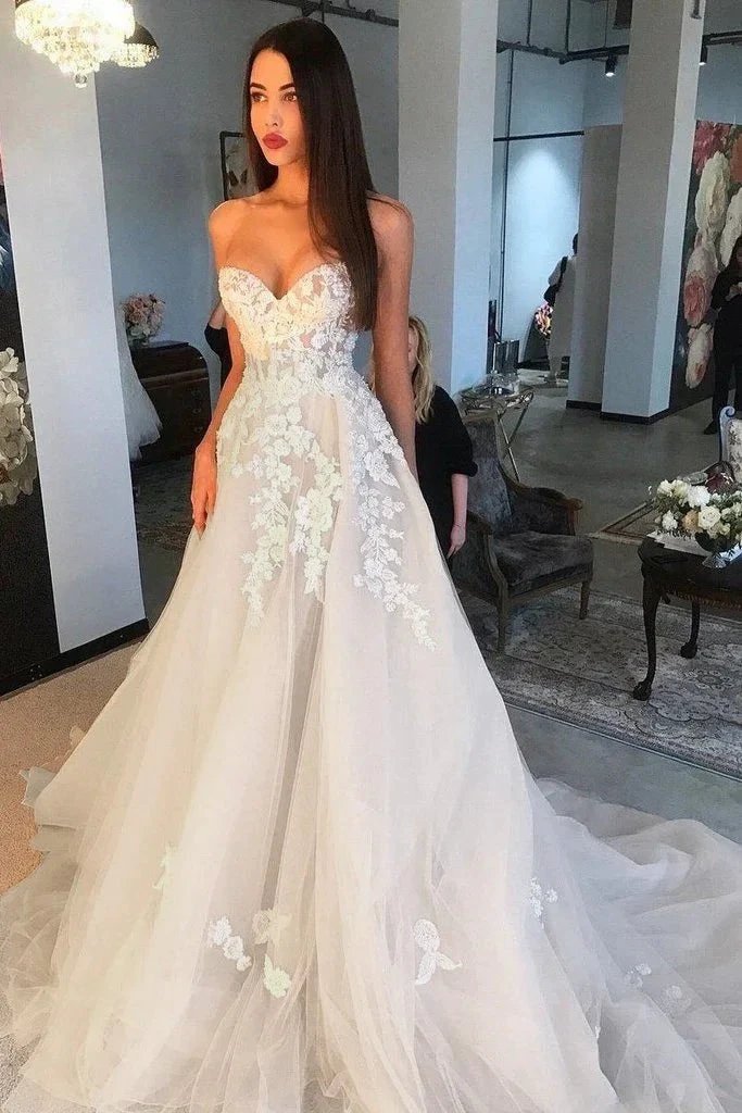 Elegant Ivory Long A Line Sweetheart Tulle Lace Applique Wedding Dress by BIZTUNNEL