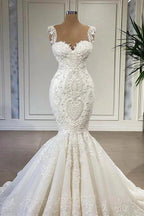 Elegant Ivory Long Mermaid Sweetheart Ruffles Lace Wedding Dresses by BIZTUNNEL