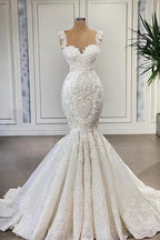 Elegant Ivory Long Mermaid Sweetheart Ruffles Lace Wedding Dresses by BIZTUNNEL