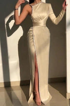 Elegant Ivory One-shoulder Long-Sleeve Sheath Prom Dresses with Sequins by misshow.com