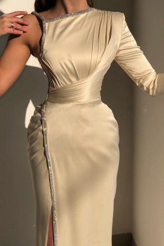 Elegant Ivory One-shoulder Long-Sleeve Sheath Prom Dresses with Sequins
