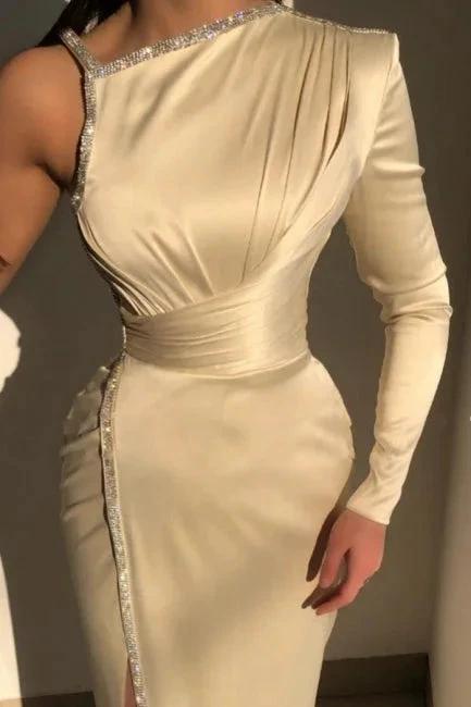 Elegant Ivory One-shoulder Long-Sleeve Sheath Prom Dresses with Sequins by misshow.com