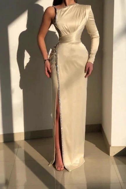 Elegant Ivory One-shoulder Long-Sleeve Sheath Prom Dresses with Sequins by misshow.com