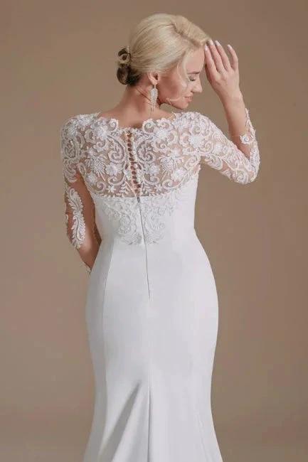 Elegant Jewel Long-Sleeve Mermaid Floor-Length Satin Wedding Dresses with Pattern by misshow.com