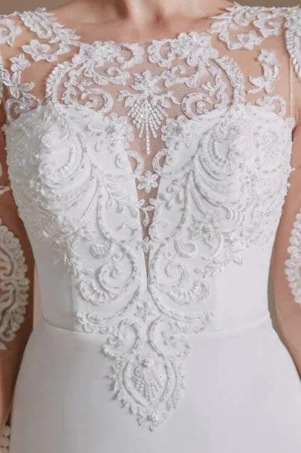 Elegant Jewel Long-Sleeve Mermaid Floor-Length Satin Wedding Dresses with Pattern by misshow.com