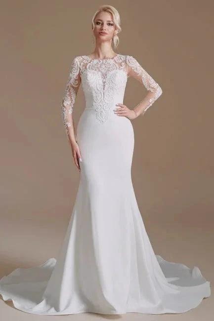 Elegant Jewel Long-Sleeve Mermaid Floor-Length Satin Wedding Dresses with Pattern by misshow.com