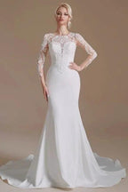 Elegant Jewel Long-Sleeve Mermaid Floor-Length Satin Wedding Dresses with Pattern by misshow.com