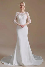 Elegant Jewel Long-Sleeve Mermaid Floor-Length Satin Wedding Dresses with Pattern by misshow.com