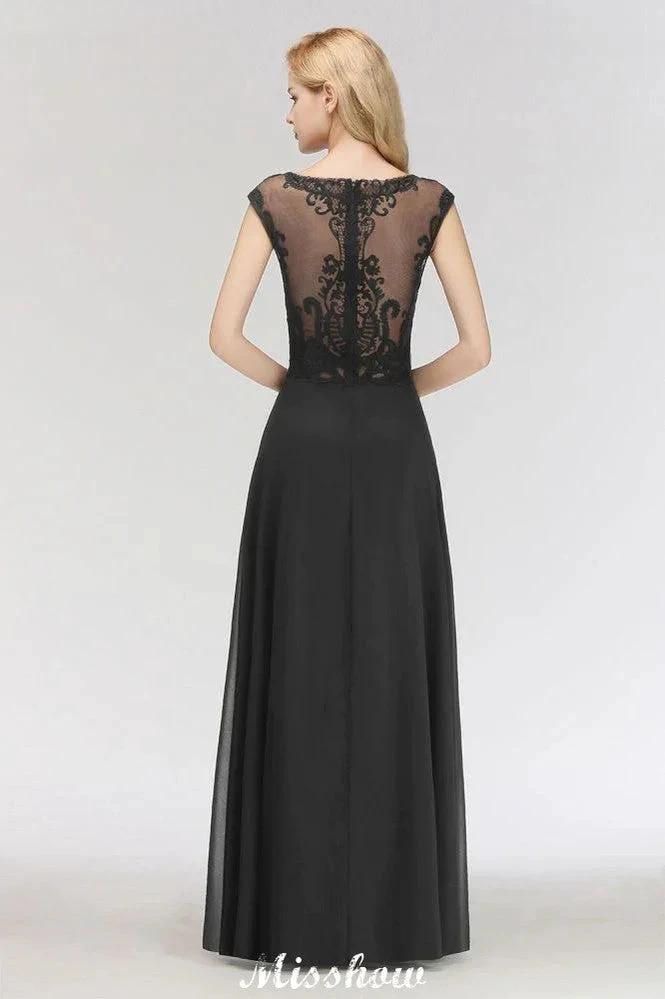 Elegant Jewel Sleeveless floor-Length A-line Lace Black Bridesmaid Dress by misshow.com