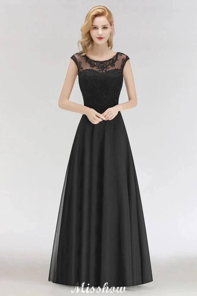 Elegant Jewel Sleeveless floor-Length A-line Lace Black Bridesmaid Dress by misshow.com